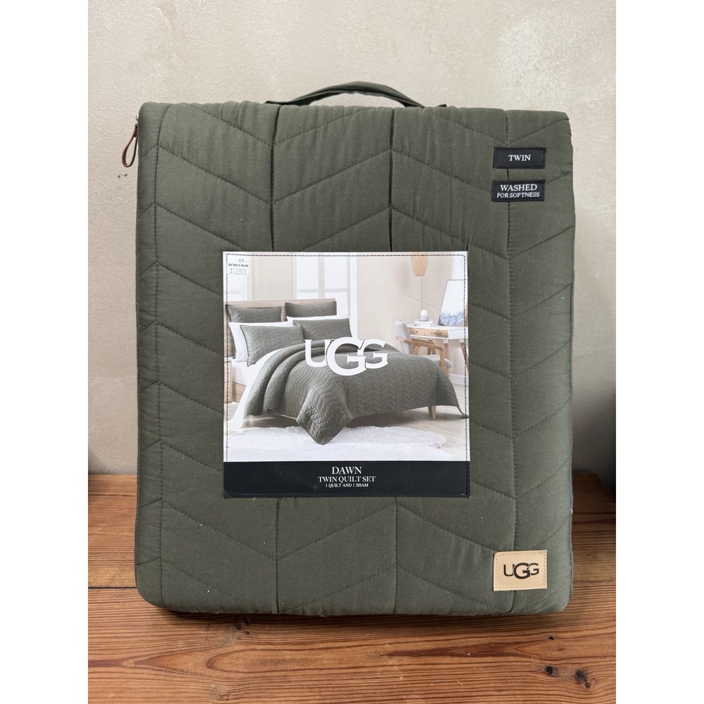 New UGG Dawn Twin Quilt Set Olive Green 2pc Cotton Bedding Quilted Sham